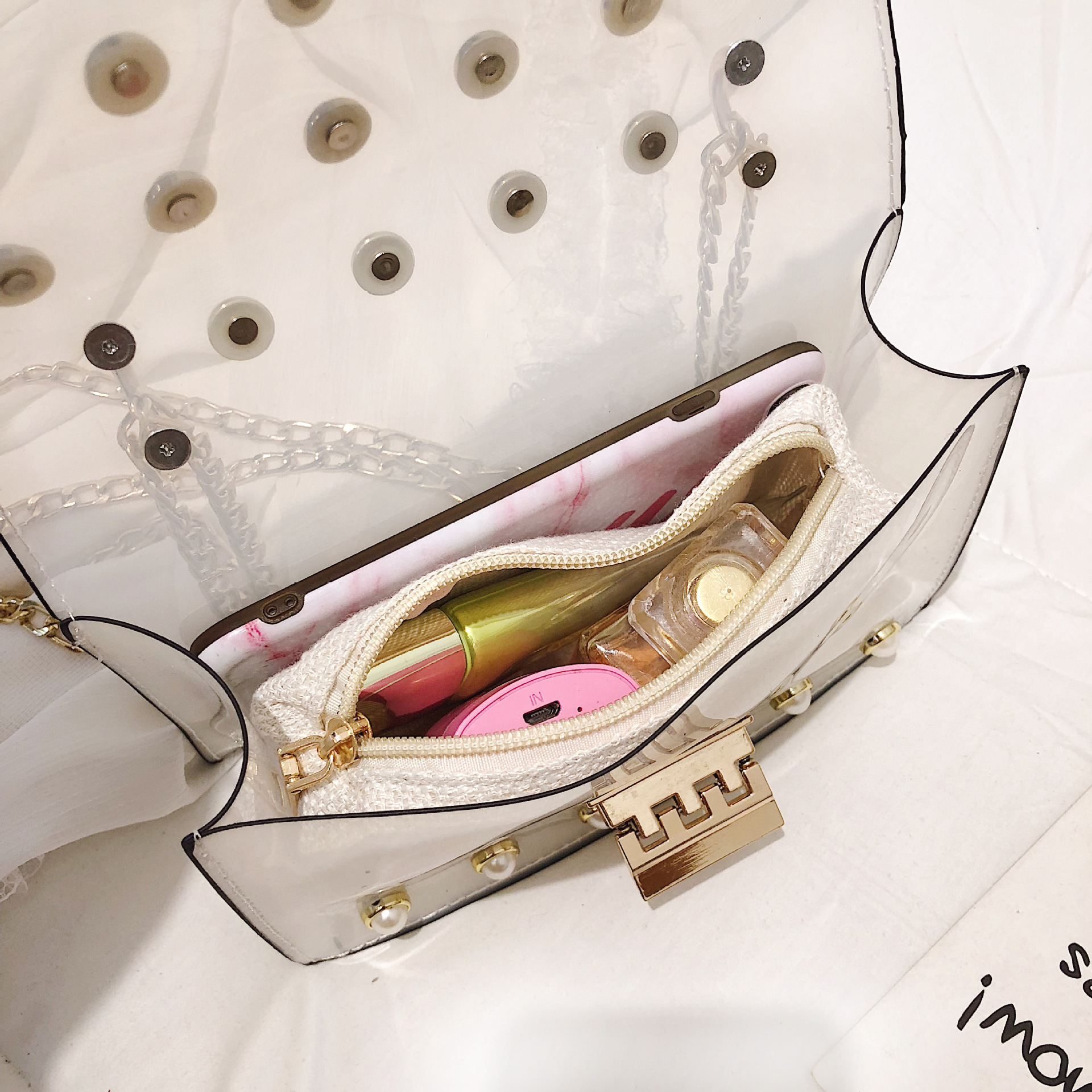 Pearl rivet transparent bag