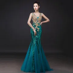V-neck shoulder fishtail skirt - Blackish Green - View 1