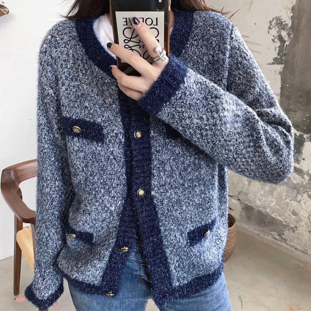 T4357 small fragrant knit cardigan - Grey Blue