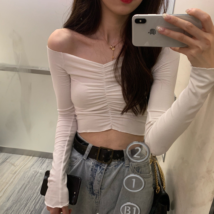 Lace short one-shoulder long-sleeved top