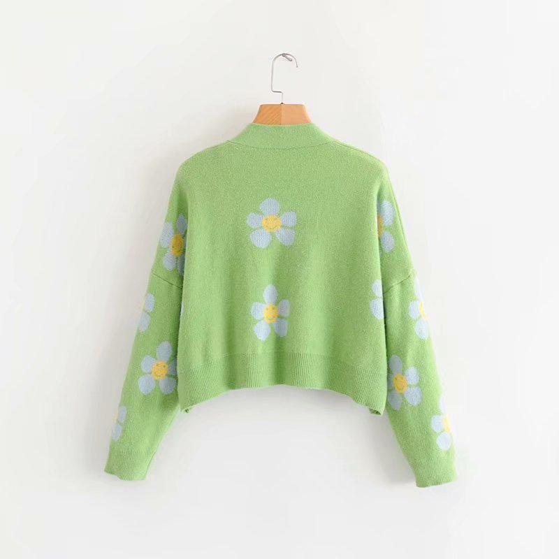 V-neck flower jacquard cardigan sweater