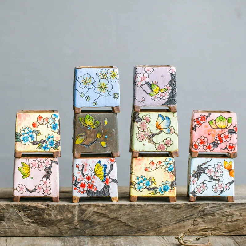 Square potted painted ceramic pots - Random Color
