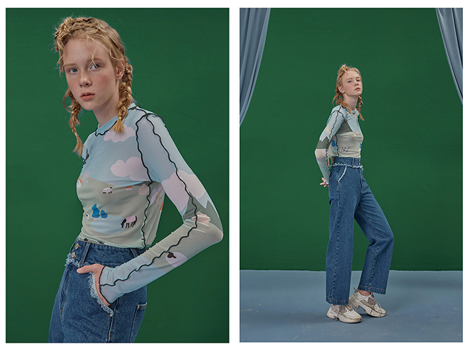 Gauze patchwork full printed yarn bottom shirt