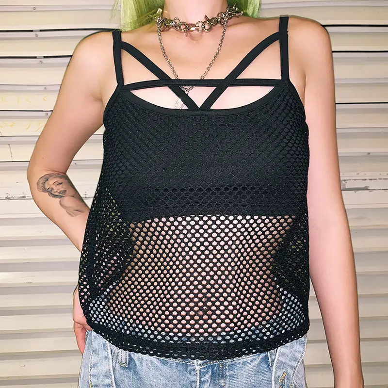 One-neck solid color mesh vest
