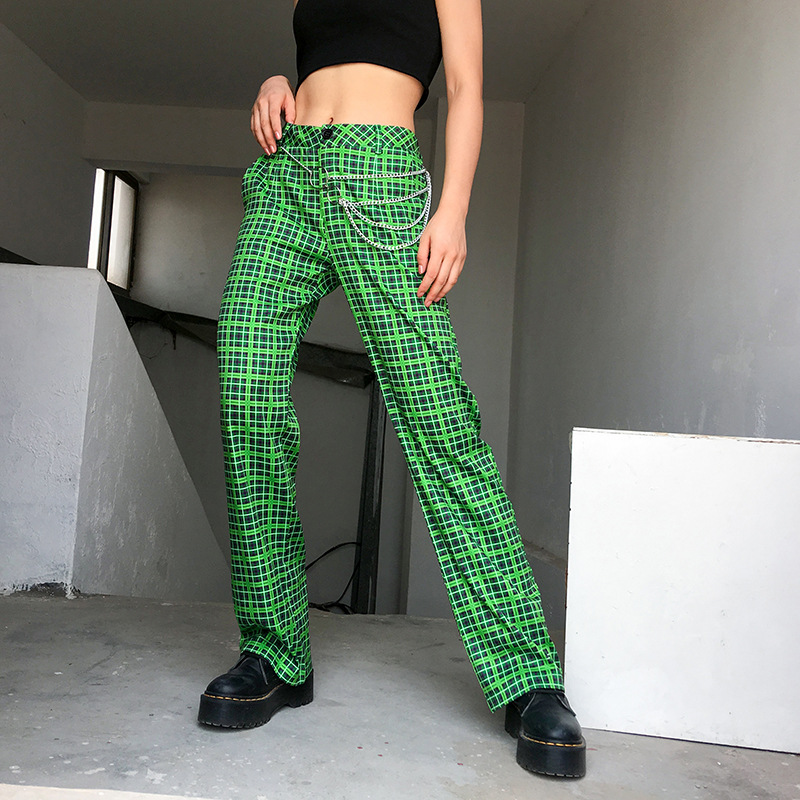 Green plaid high waist slacks