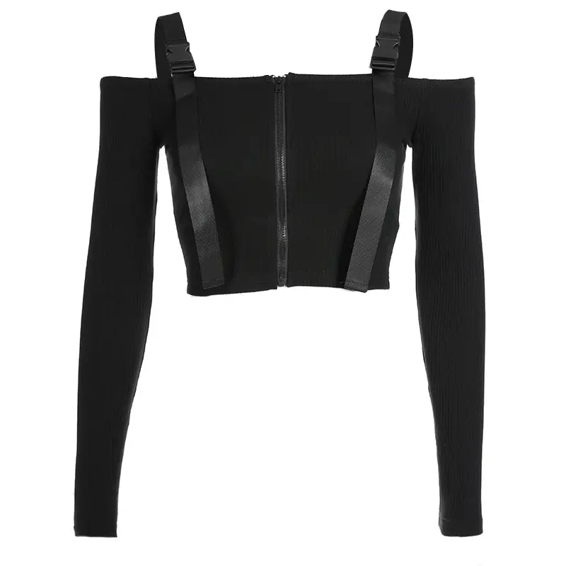 One-shoulder zipper strap t-shirt
