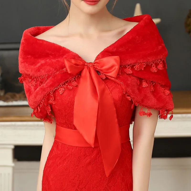 Fringed warm white wedding hair shawl - Red