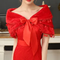 Fringed warm white wedding hair shawl - Red - View 1
