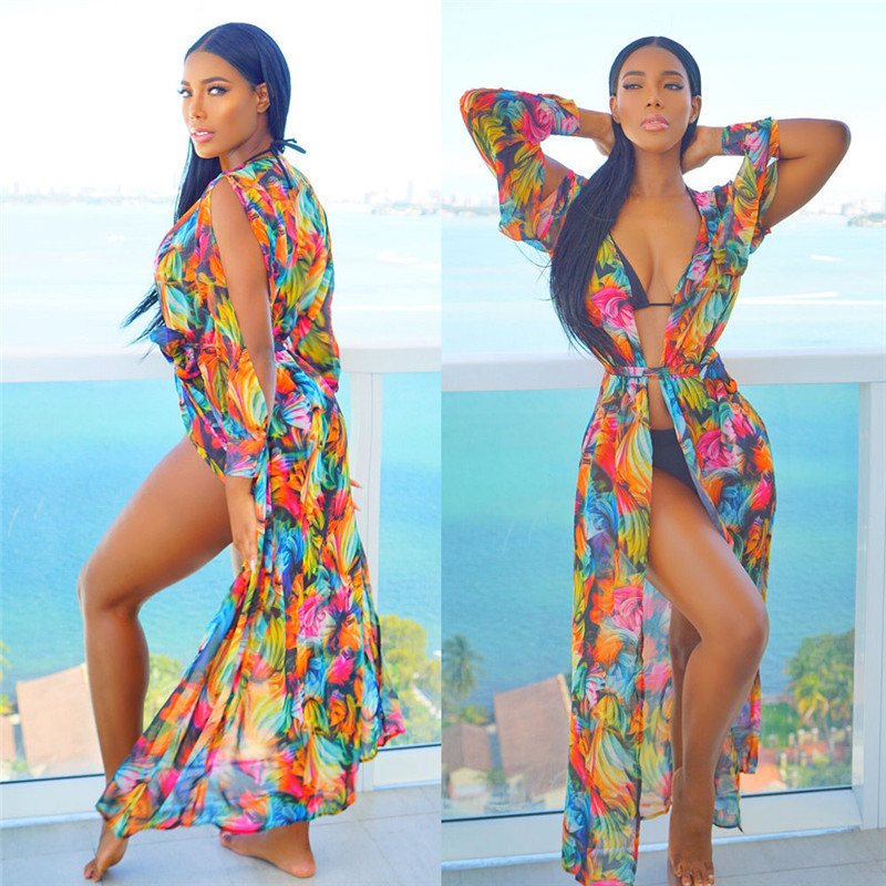 Printed cardigan with long chiffon skirt