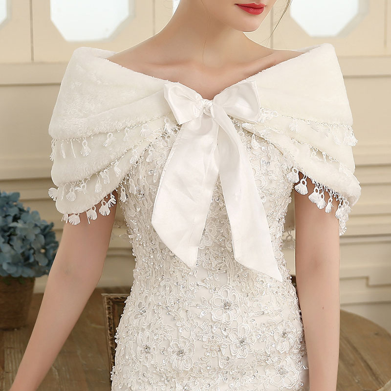 Fringed warm white wedding hair shawl
