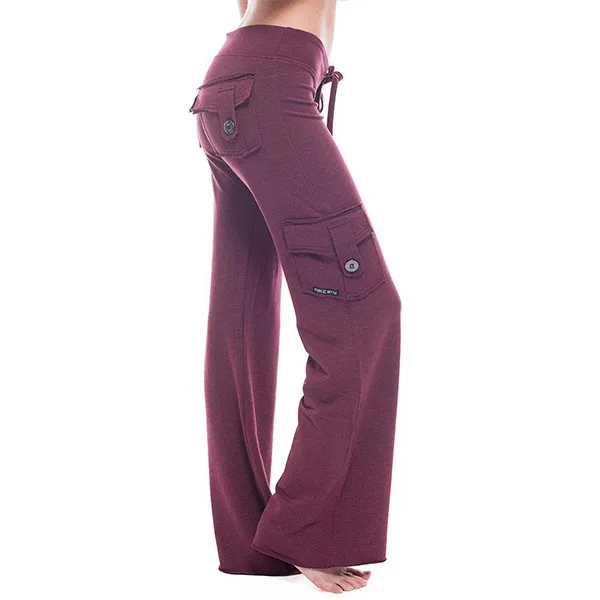 Elastic waist button pocket yoga pants Claret - Shop at LoveMi