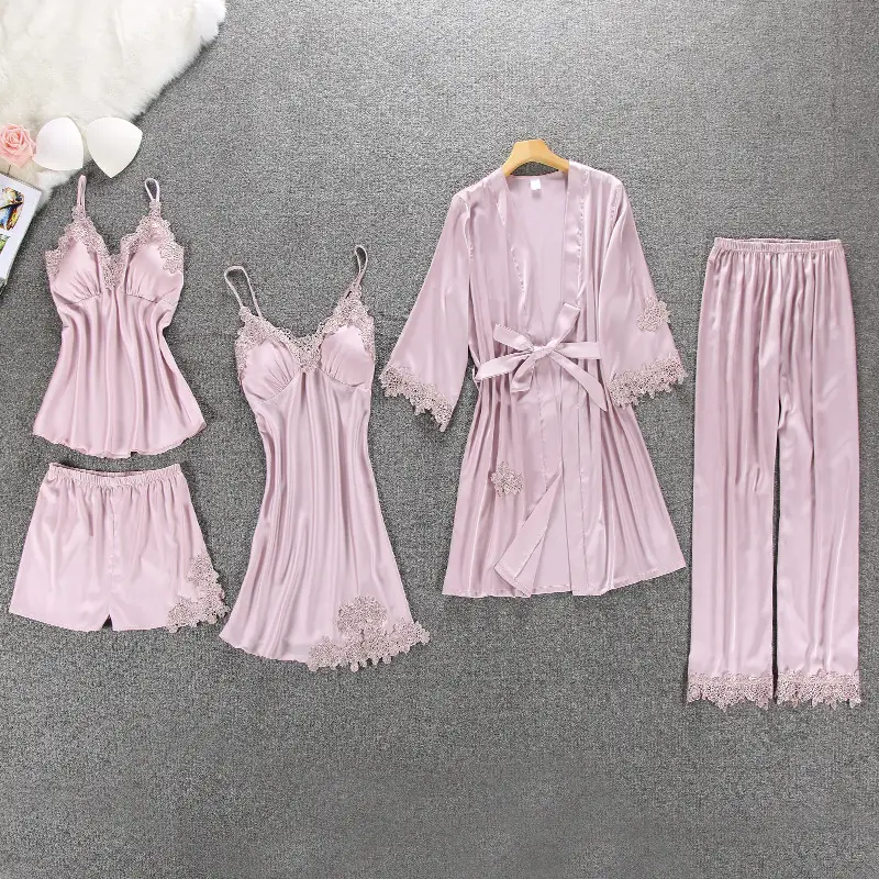 With chest pad pajamas simulation silk lace straps robe skirt five-piece suit