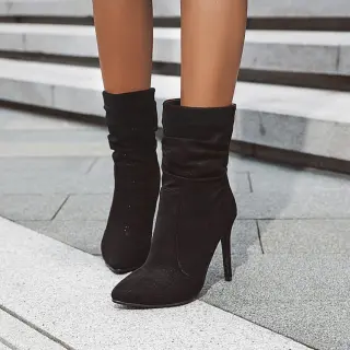 High heel stiletto pointed socks boot elastic booties - Black