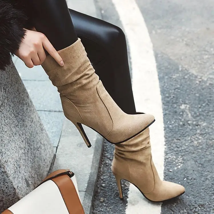 High heel stiletto pointed socks boot elastic booties - Apricot
