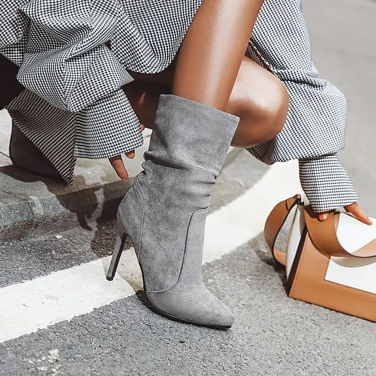 High heel stiletto pointed socks boot elastic booties - Gray