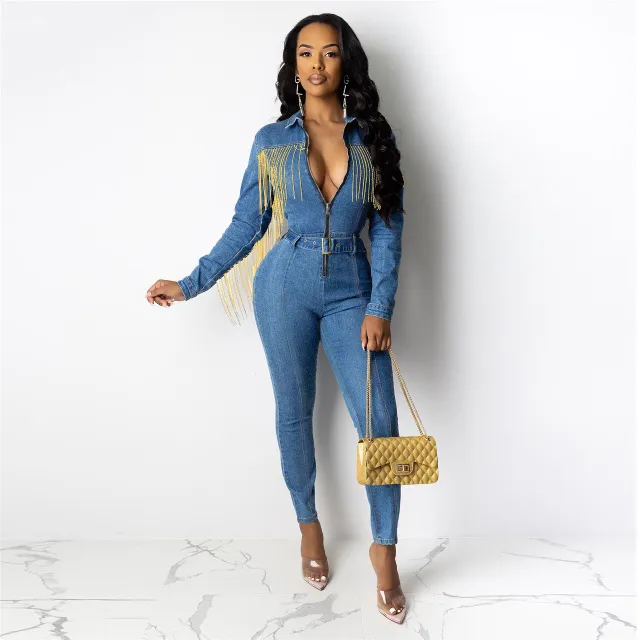 Fringed denim jumpsuit Tassels L - Shop at LoveMi
