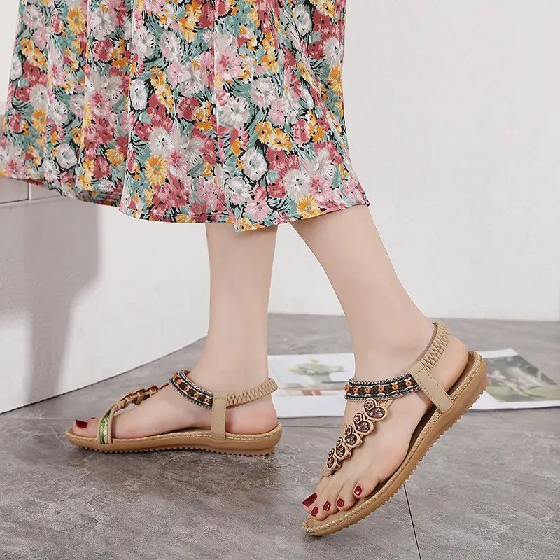 Retro Rhinestone Plus Size Flip Flops Beach Sandals Flats