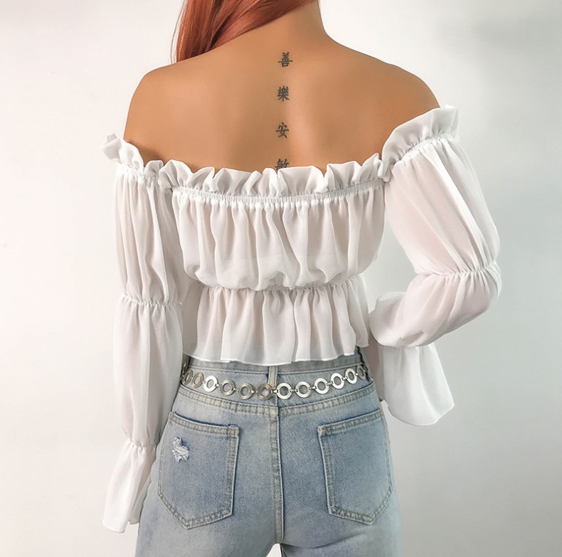 One word collar bubble long sleeves exposed navel mesh T-shirt