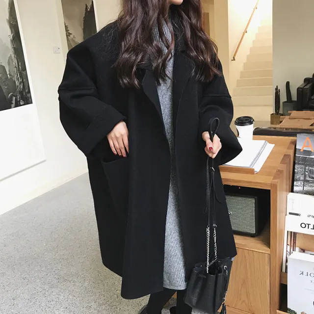 Long coat in woolen coat Black - Shop at LoveMi