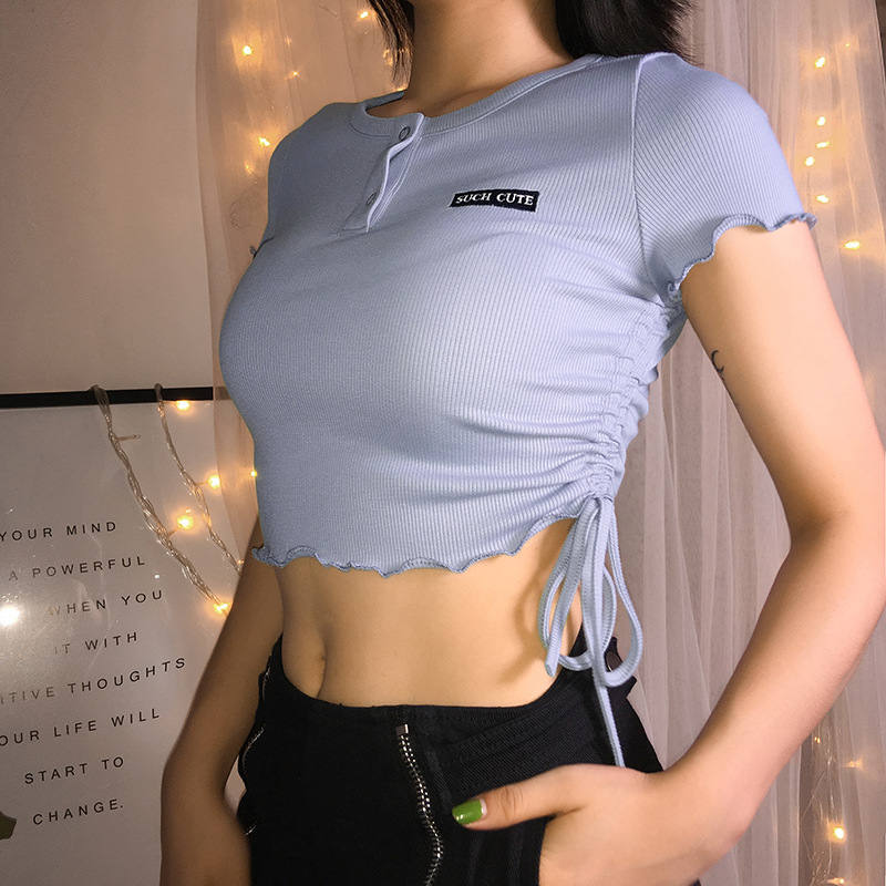 Fashion Drawstring Short Sleeve Slim T-Shirt Women