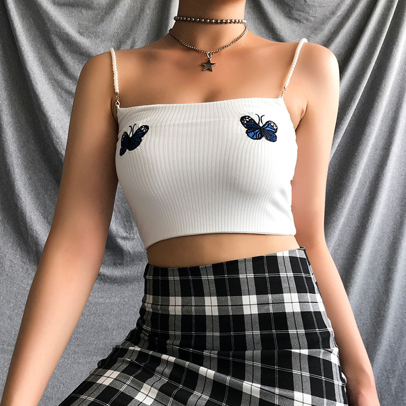 Pearl Sling Butterfly Embroidered Short Vest