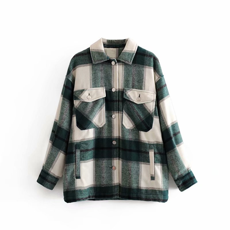 Green plaid double pocket soft ni coat