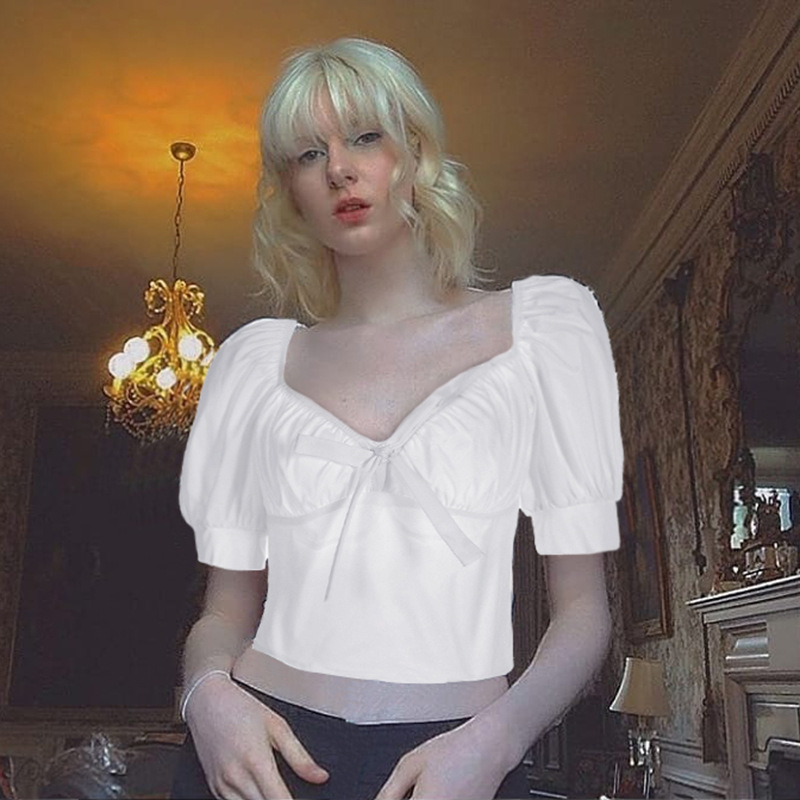 T-shirt bow cross tie puff sleeve short