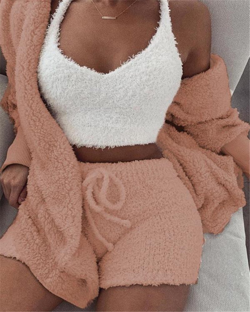 Conjunto de pijama 3 piezas de ropa para mujer manga larga corta camiseta sin mangas y pantalones cortos con cordón - Imagen 16 de 17