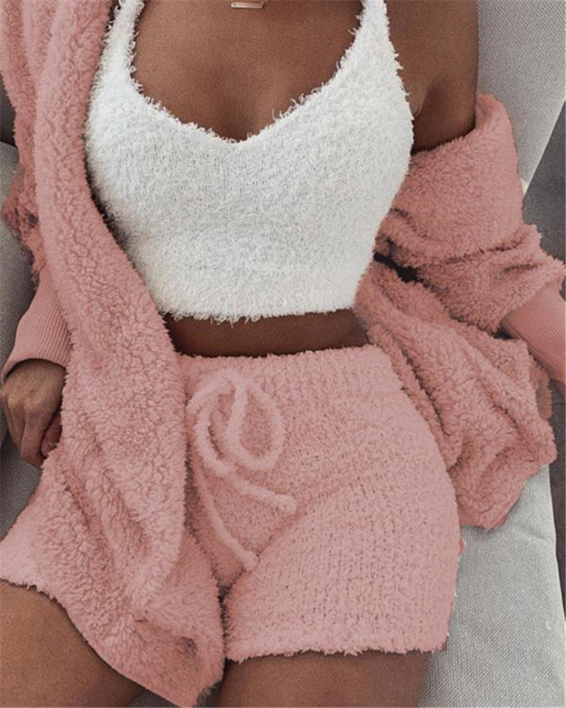 3pcs Womens Clothing Long Sleeve Crop Tank Top And Drawstring Shorts Pajama Set - Picture 12 of 15
