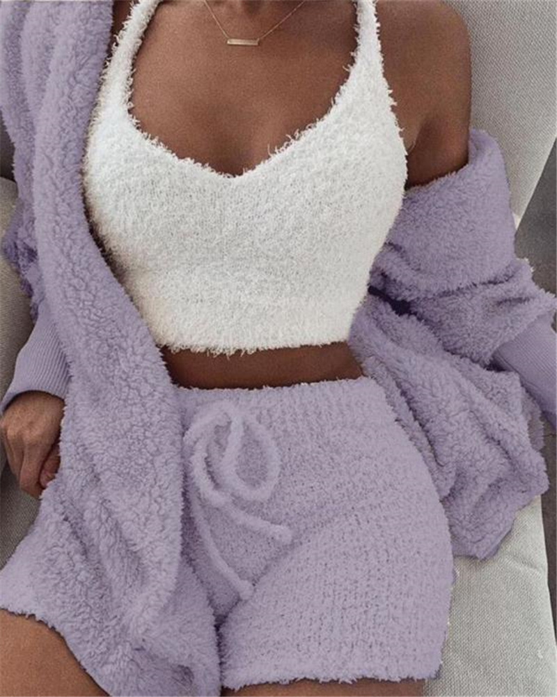 3pcs Womens Clothing Long Sleeve Crop Tank Top And Drawstring Shorts Pajama Set - Picture 13 of 15