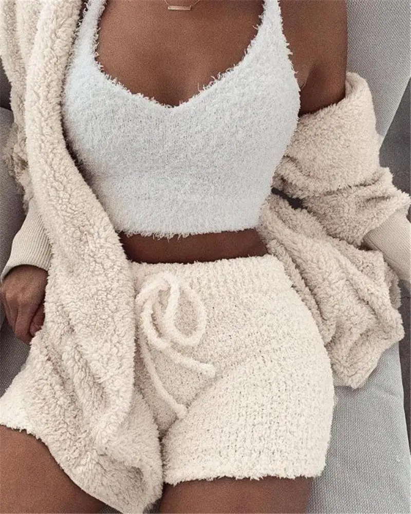 3pcs Womens Clothing Long Sleeve Crop Tank Top and Drawstring Shorts Pajama Set