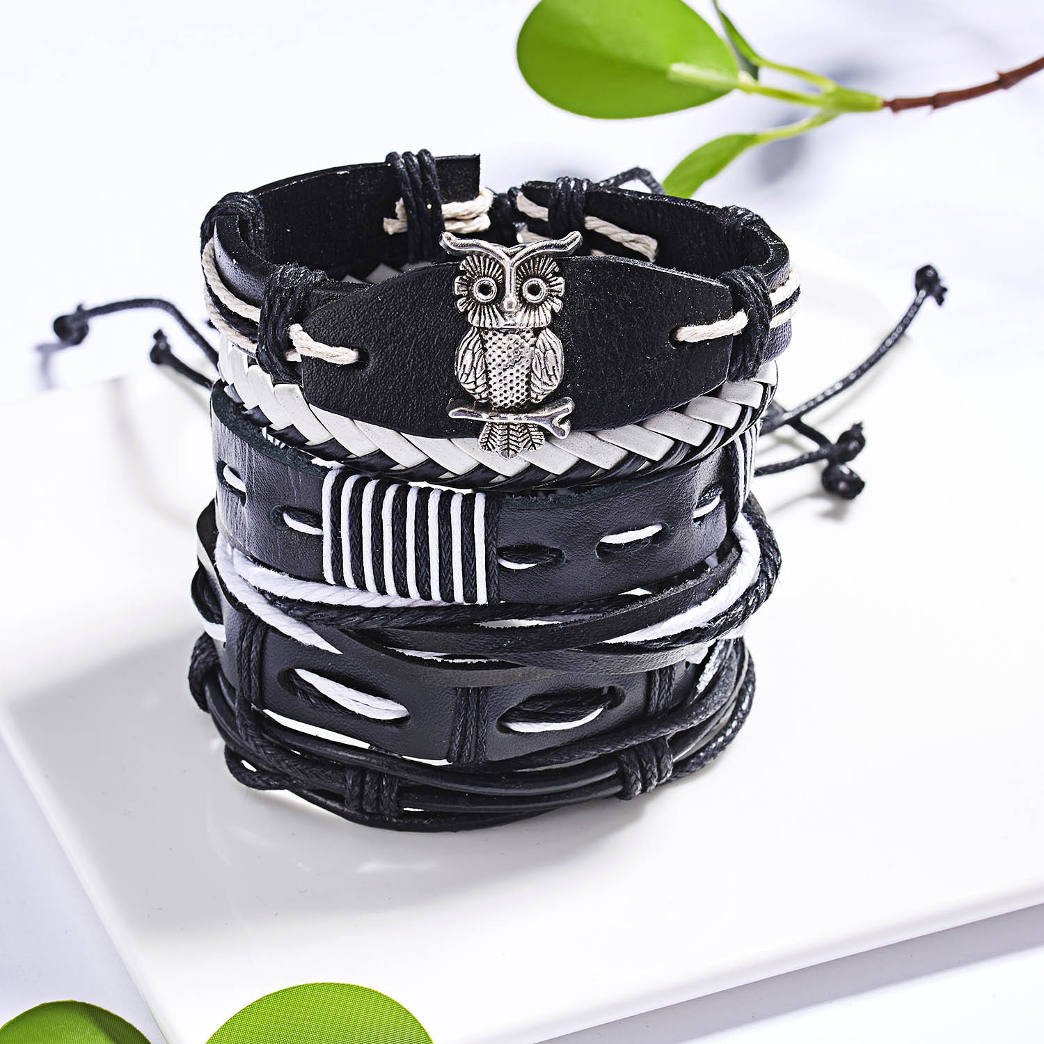 Men's Cross Braided Leather Adjustable Set Bracelet