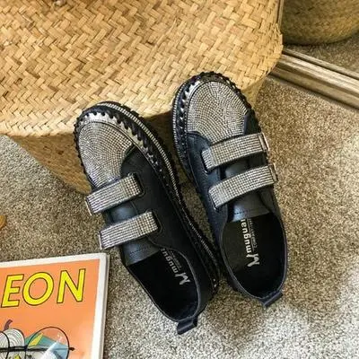 Autumn rhinestone Velcro thick white shoes Black - Shop at LoveMi