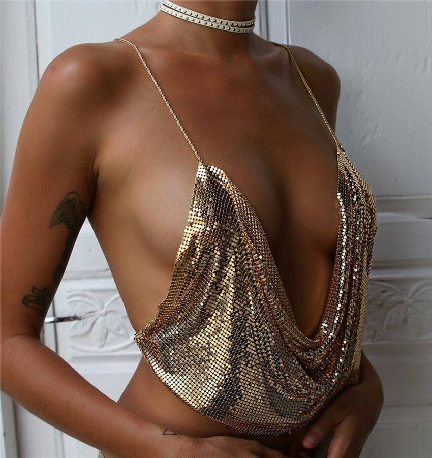 Low-cut, open-back, sequined, chain sling