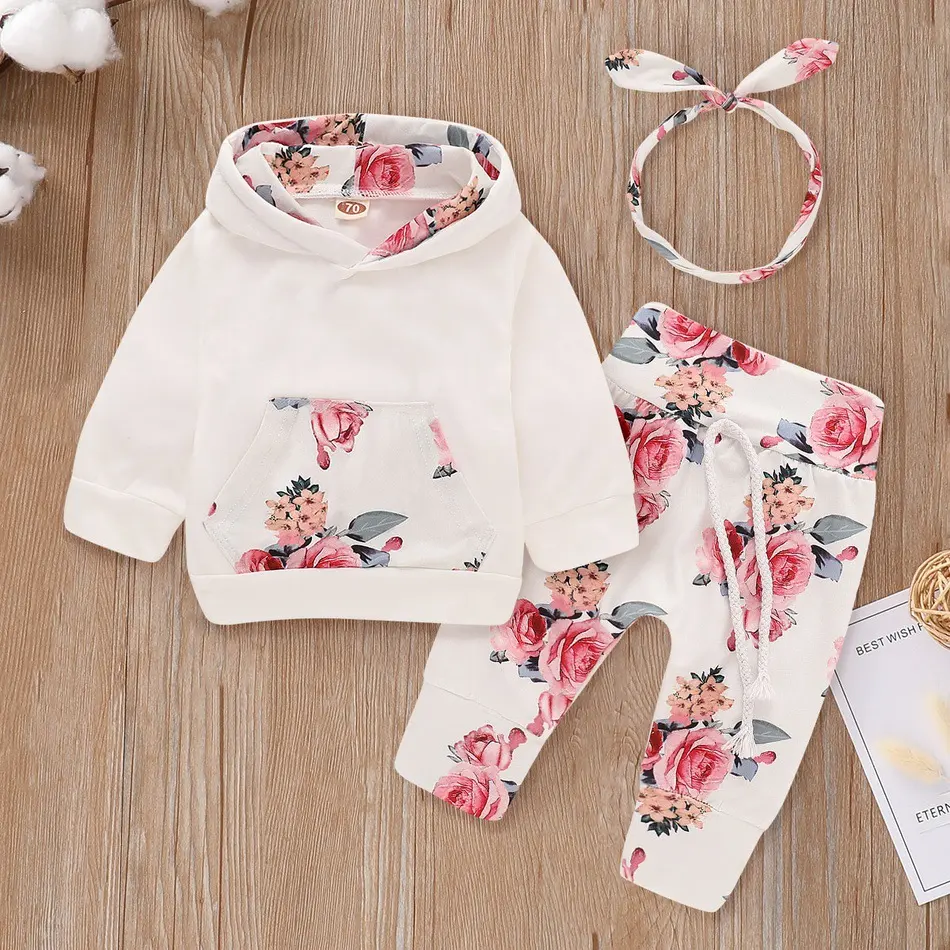 Girls Hooded Top Floral Three-piece Suit