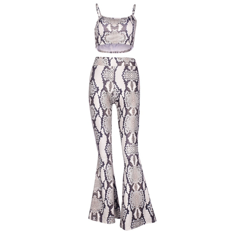 Snake-patterned halter top fashion slim flared pants