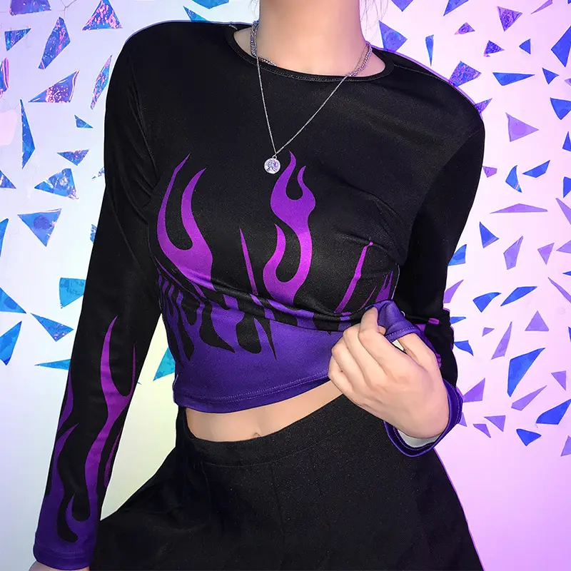 Flame Print Crew Neck Long Sleeve T-Shirt