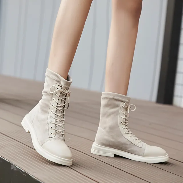 Flat lace up elastic boots Beige - Shop at LoveMi