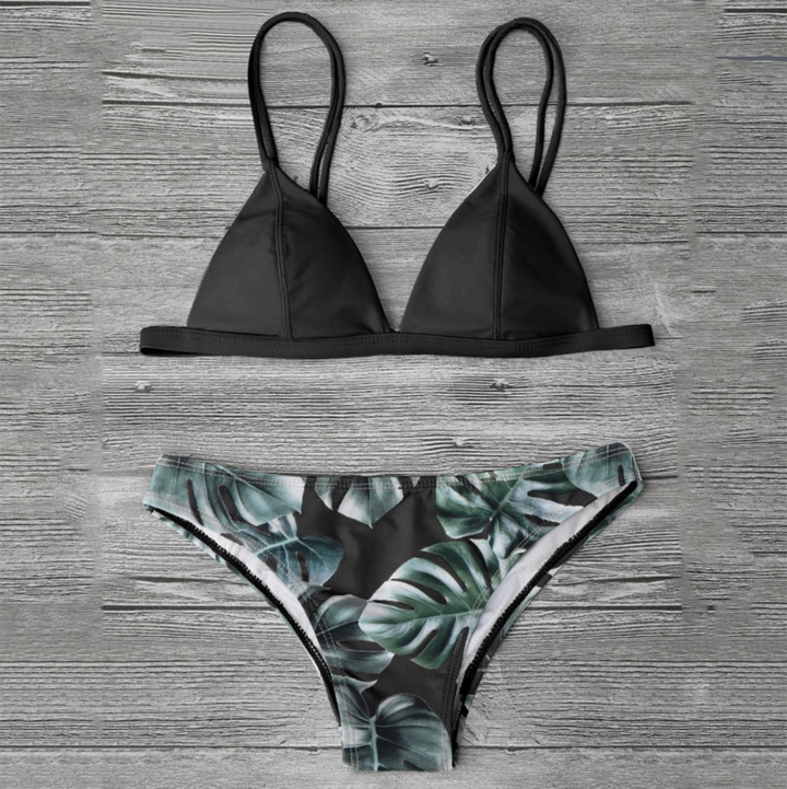 Green leaf printed bikini split swimsuit