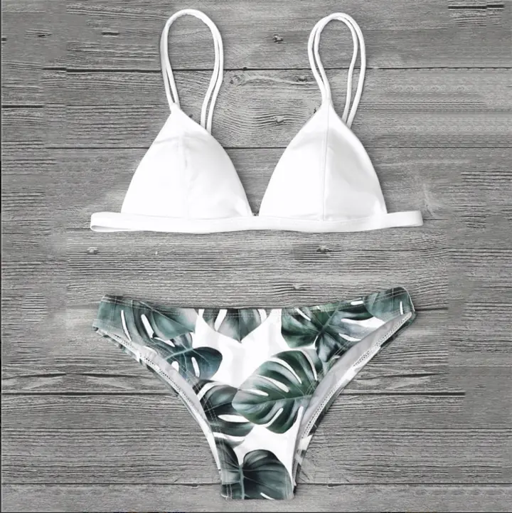 Green leaf printed bikini split swimsuit