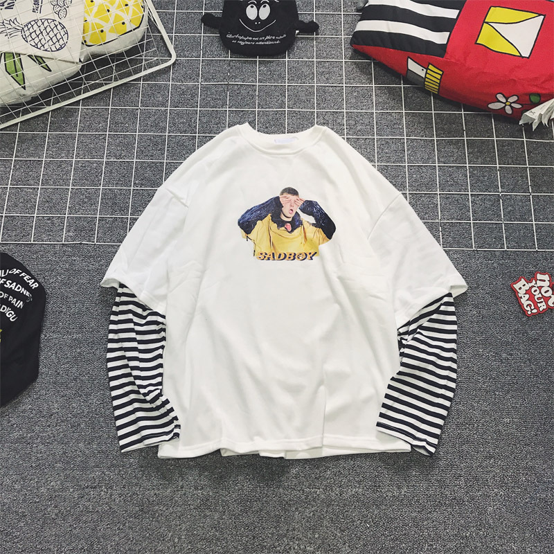 Hip-hop fake two-piece striped couple sweater