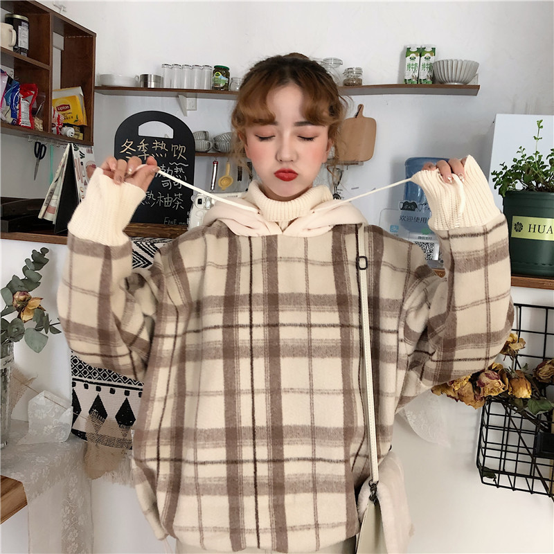 High collar hooded and velvet sweater