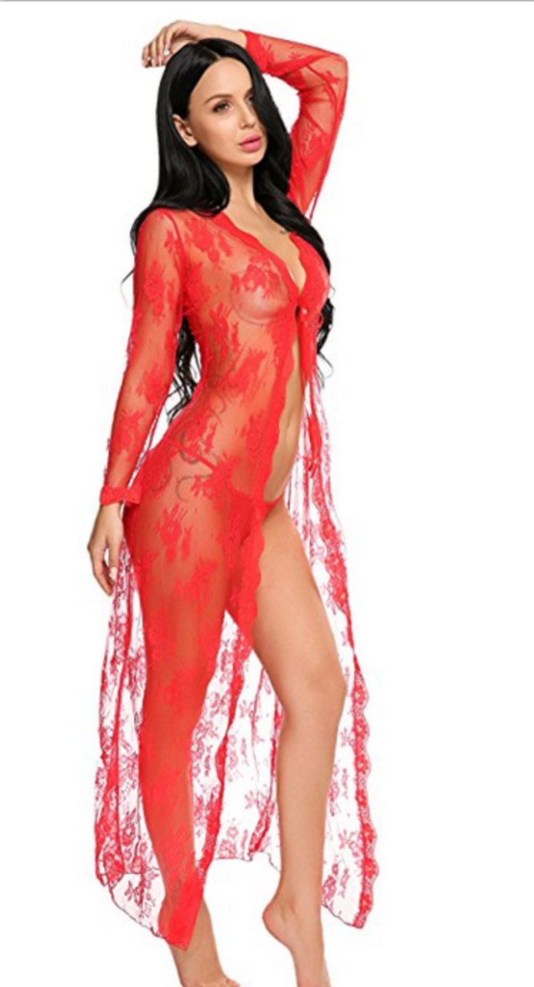 Lace bathrobe lace dress sexy large size pajamas Red - Shop at LoveMi