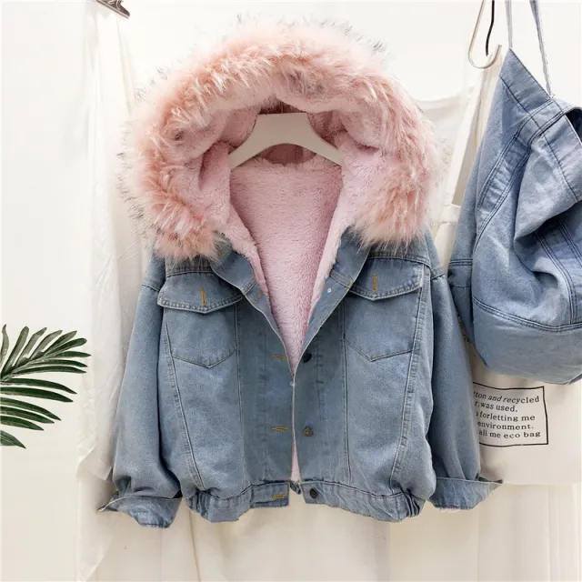 Hooded and velvet lamb denim jacket Pink - Shop at LoveMi