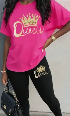 Fashionable Crown & Letter Print Short Sleeve Top And Leggings Set, Two Piece Outfit - Hot Pink - View 1