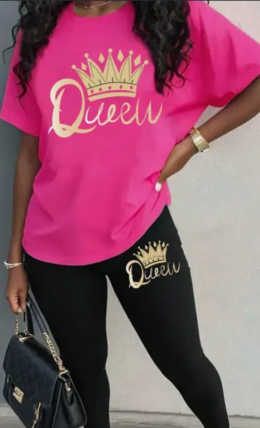 Fashionable Crown & Letter Print Short Sleeve Top And Leggings Set, Two Piece Outfit Hot Pink - Shop at LoveMi