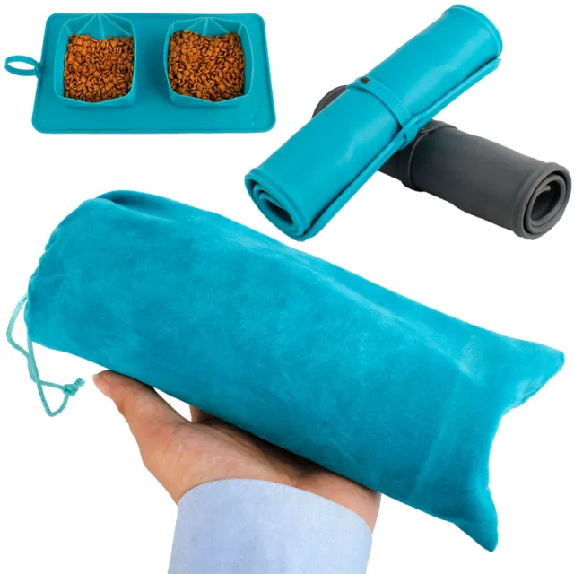 et folding double bowl velvet bag dog bowl Blue - Shop at LoveMi