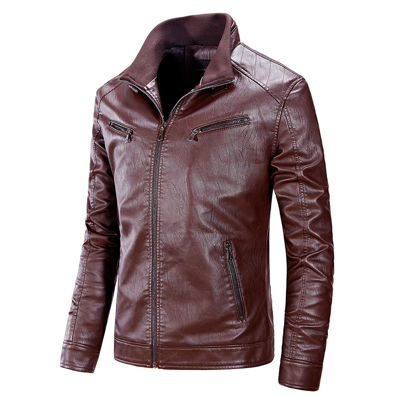 PU stand collar handsome leather jacket