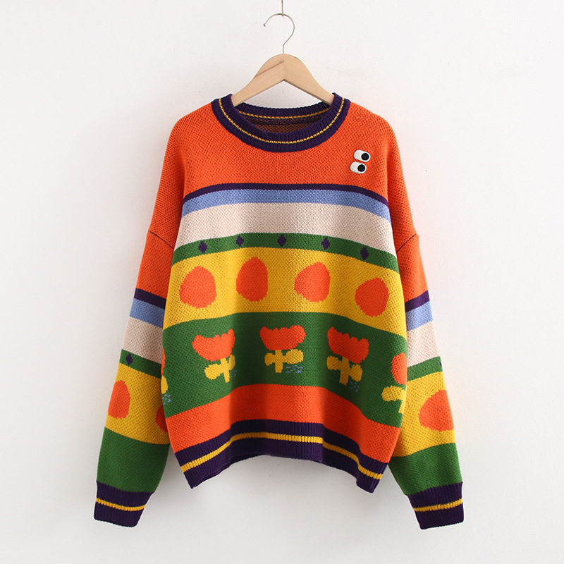 Sun flower color matching pullover sweater