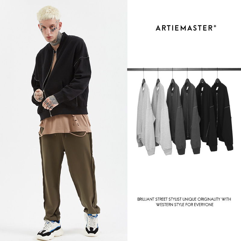 Zipper street solid color round neck sweater